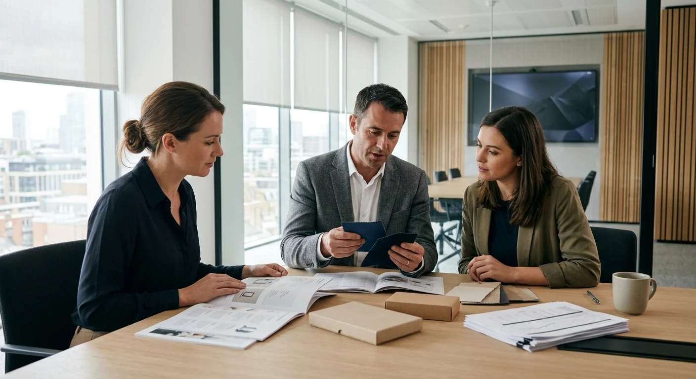 Business professionals reviewing product samples, a printed catalogue and supply documents in a bright meeting room