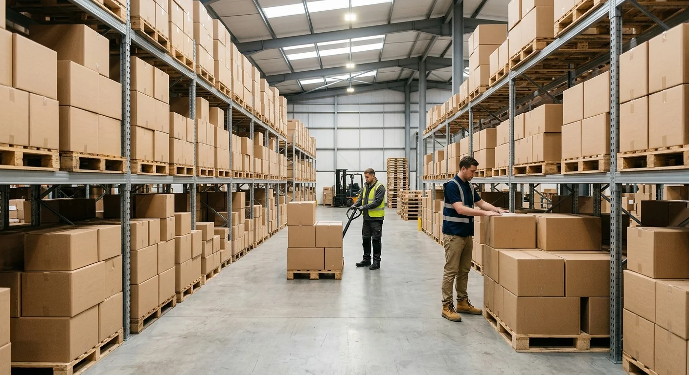 Organized palletized wholesale cartons in a clean distribution area