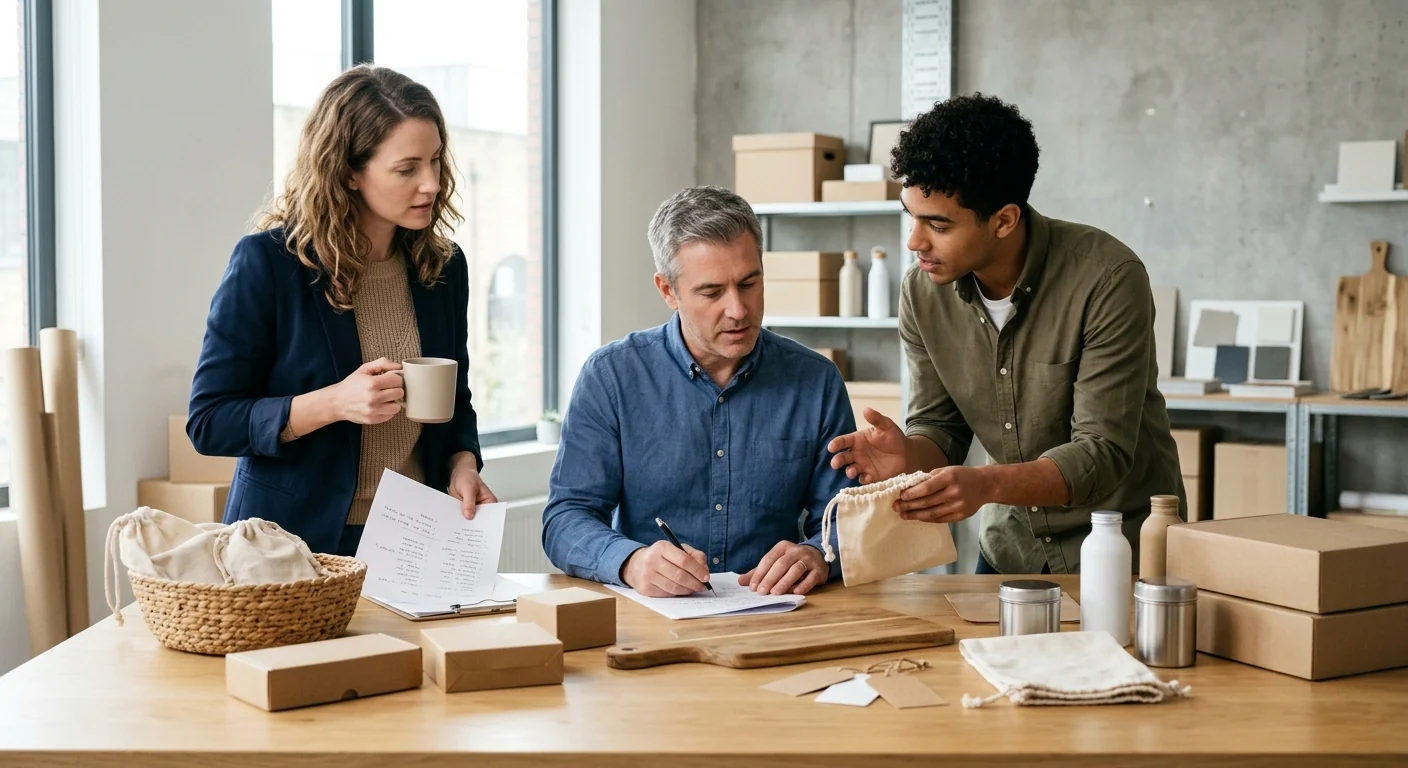 A small retail procurement team reviewing an assortment of products, a product list and delivery notes