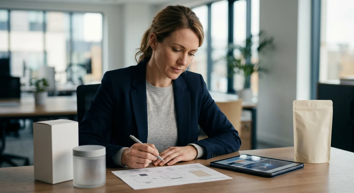 A procurement professional reviewing neutral consumer-packaged-goods samples and packaging specifications