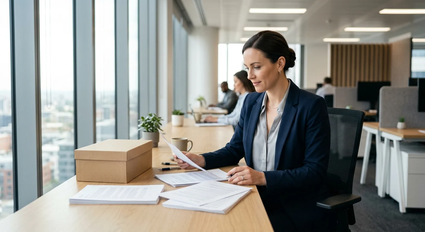 An OPHIR SUPPLY professional reviewing documents and a product sample in a bright modern office