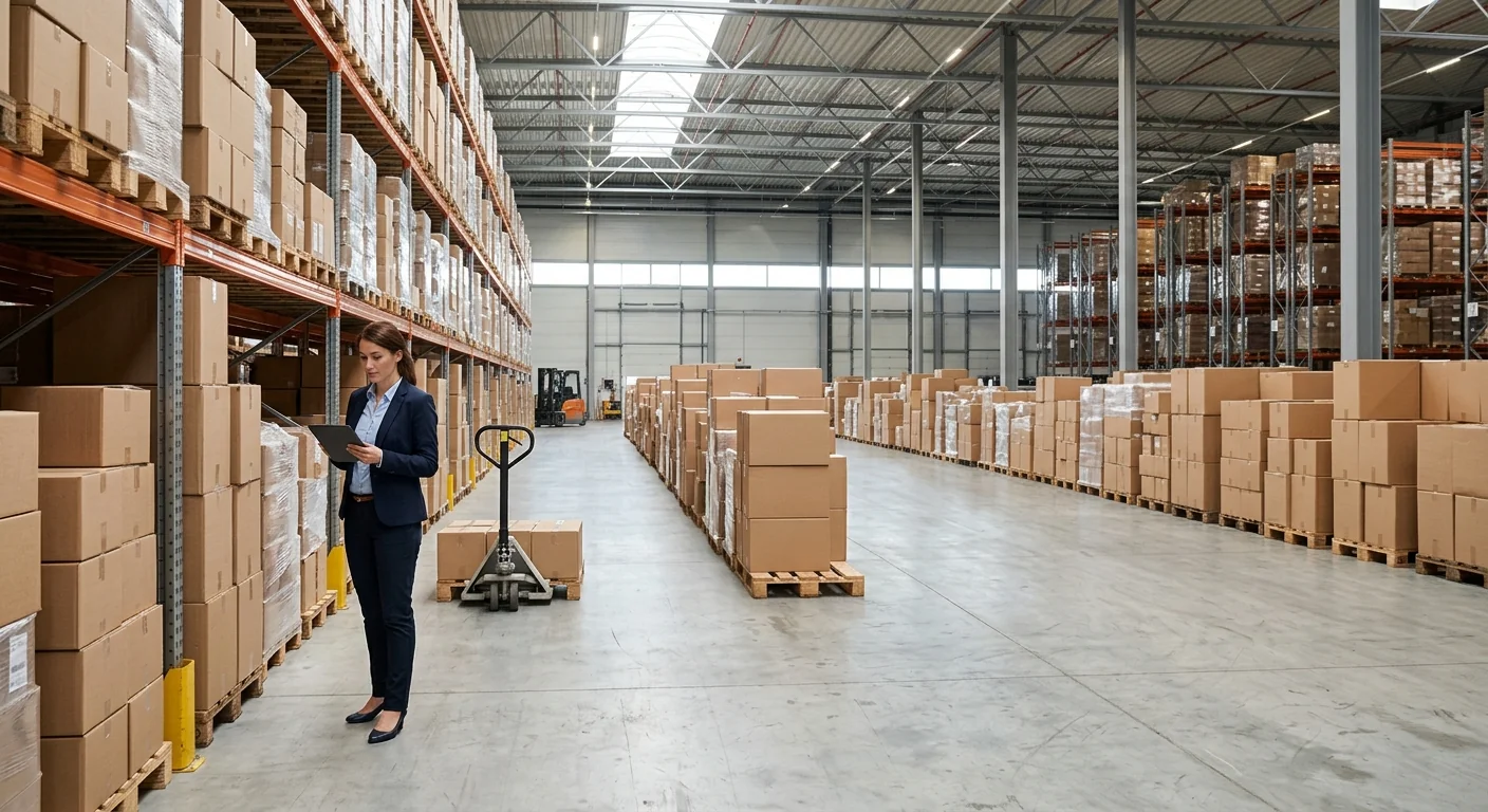 Modern distribution center interior with organized pallets and a procurement professional