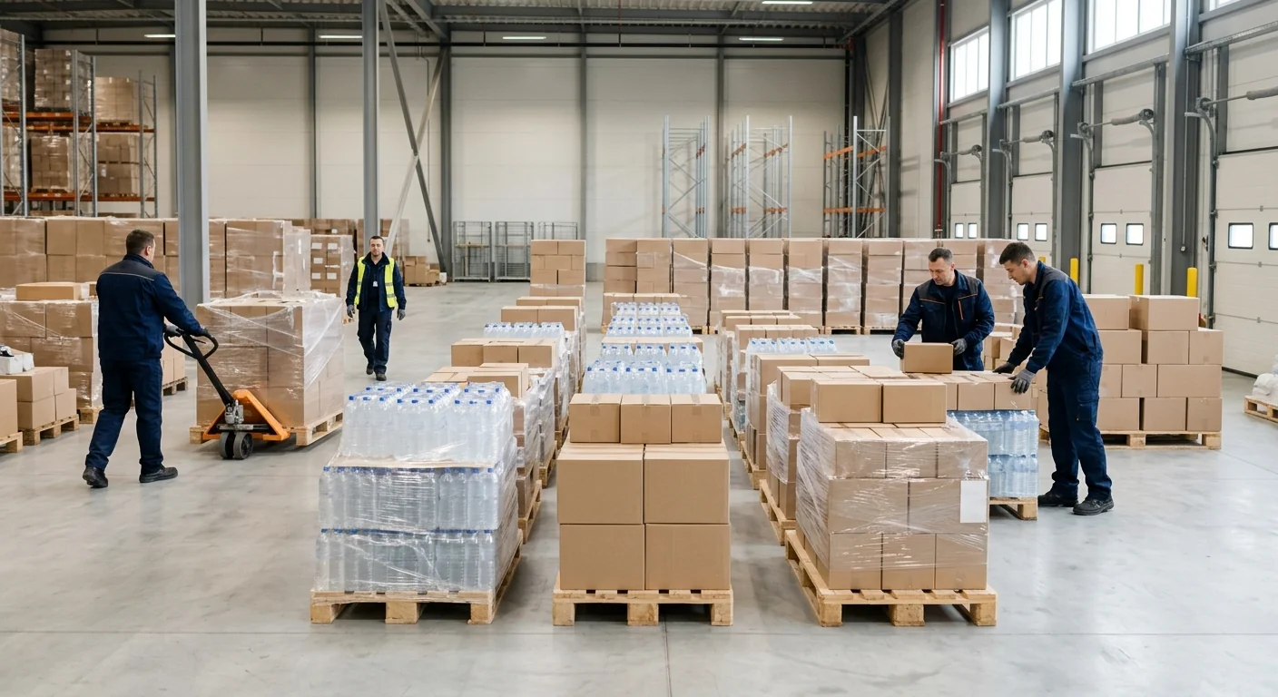 Palletized emergency relief supplies staged in a clean open area