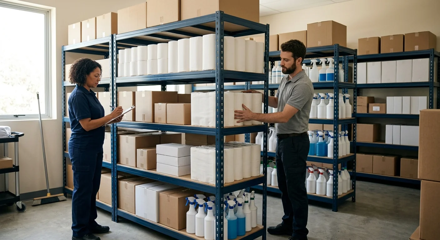 Organized school facility storage room with paper products and janitorial supplies