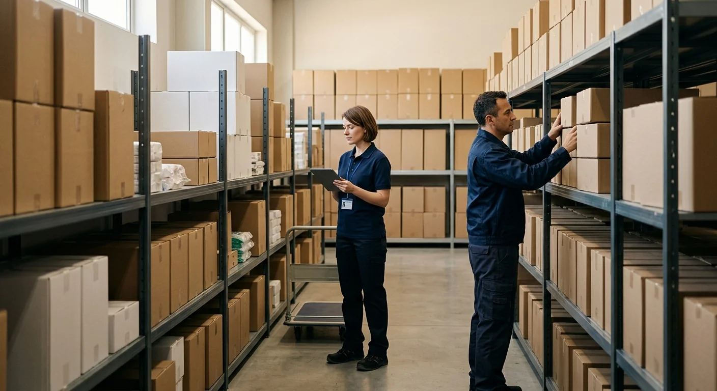 Neat institutional supply storeroom with metal shelving and neutral cartons