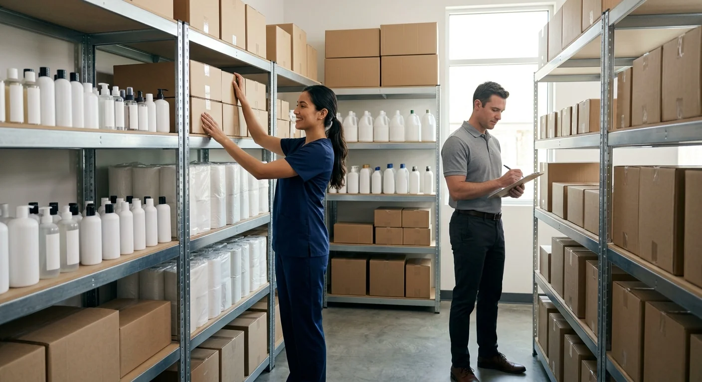 Organized non-clinical supply storeroom with personal-care and paper goods