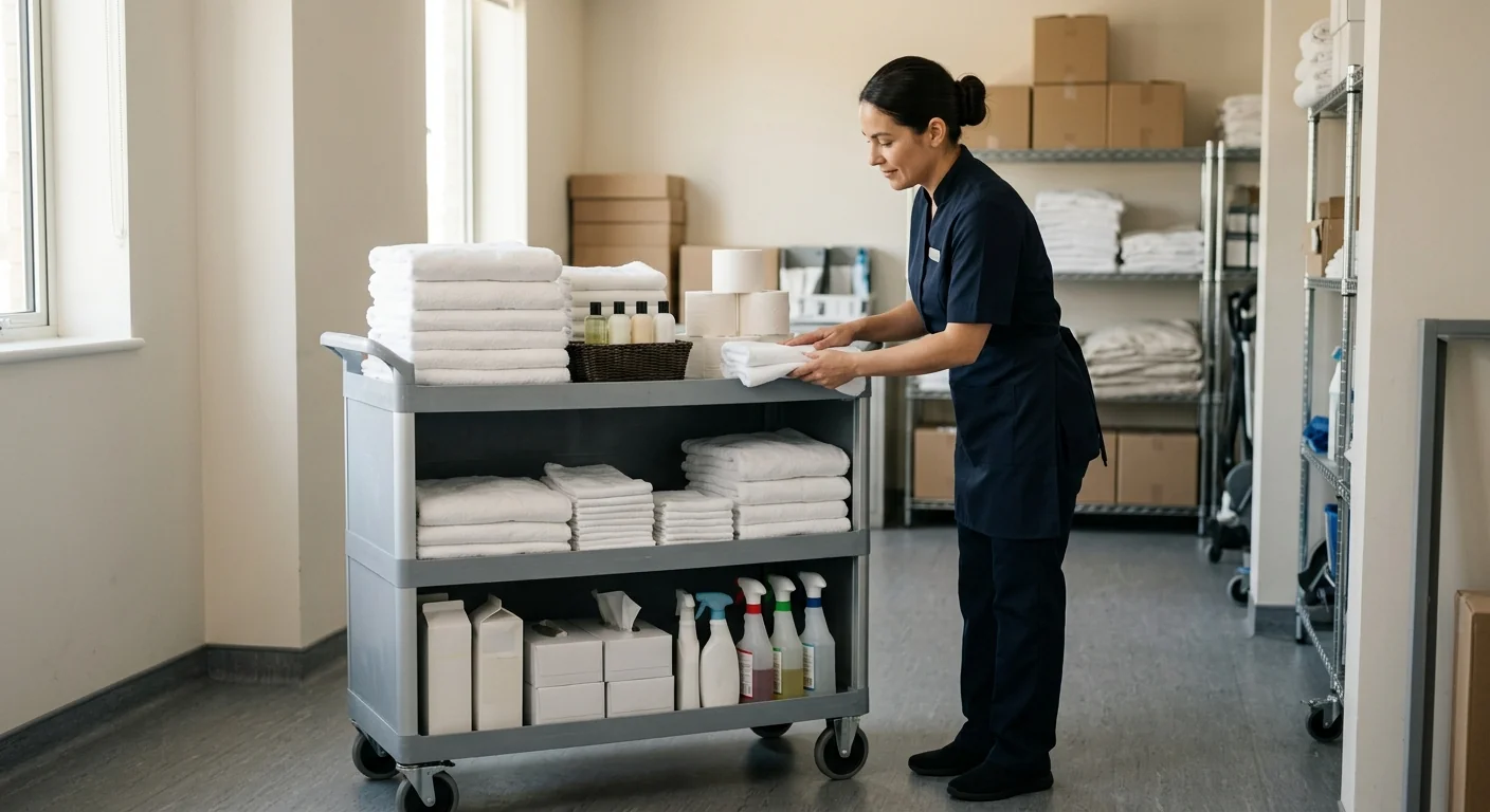 Tidy hotel housekeeping supply cart with folded linens and amenity bottles