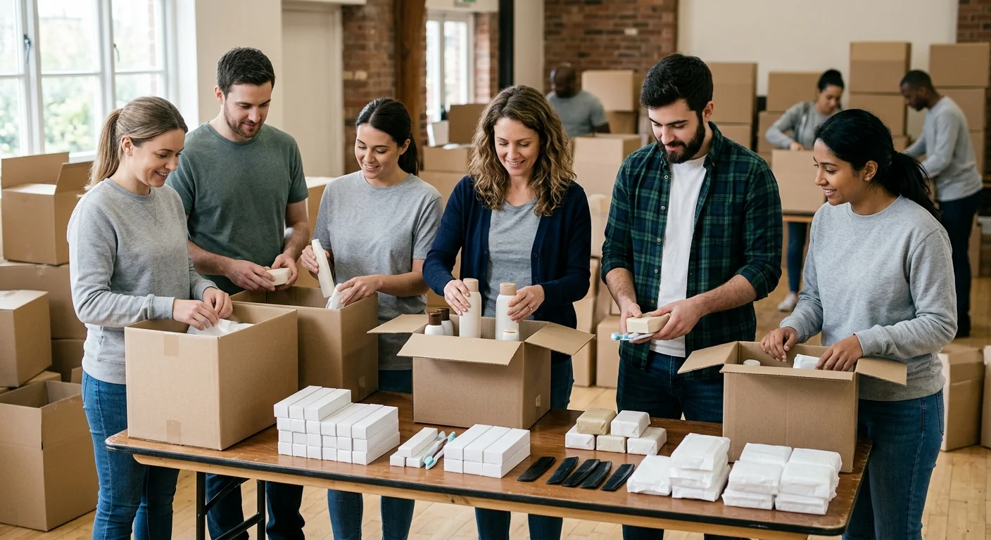 Volunteers organizing plain cartons and hygiene-kit supplies at a community center